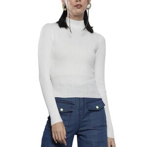 Women’s White Rib High Neck Full Sleeves Sweater SZ XS